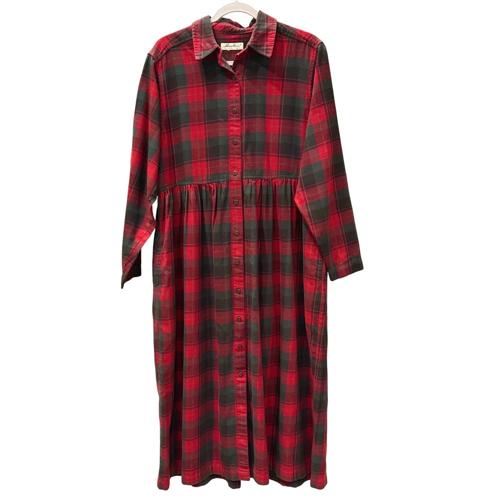 Vtg Eddie Bauer Plaid Flannel Maxi Dress Buttons Cottagecore Heritage Cabincore